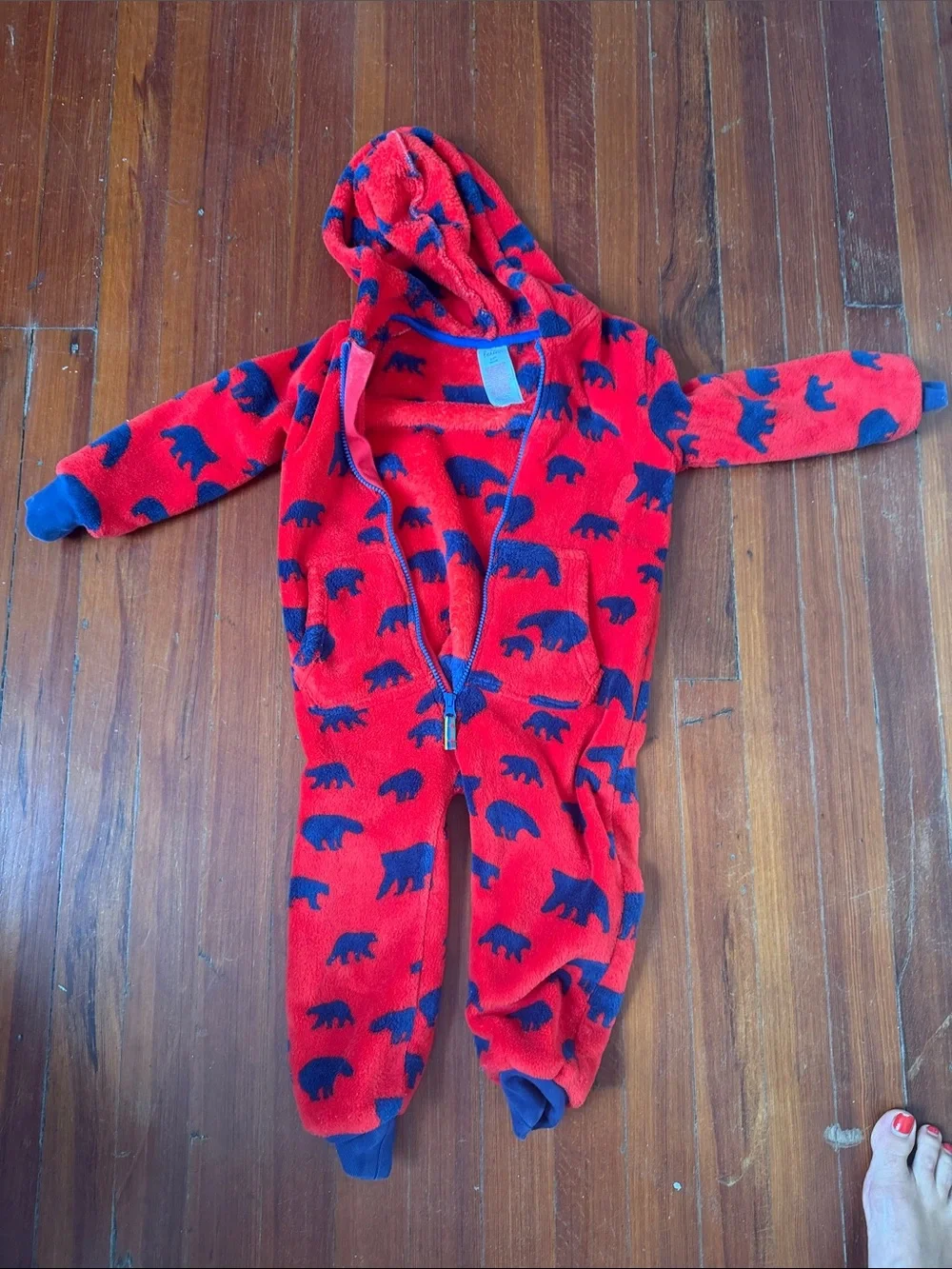 Boden - Red Fleece Hooded Kids One-Piece with Navy Bear Print